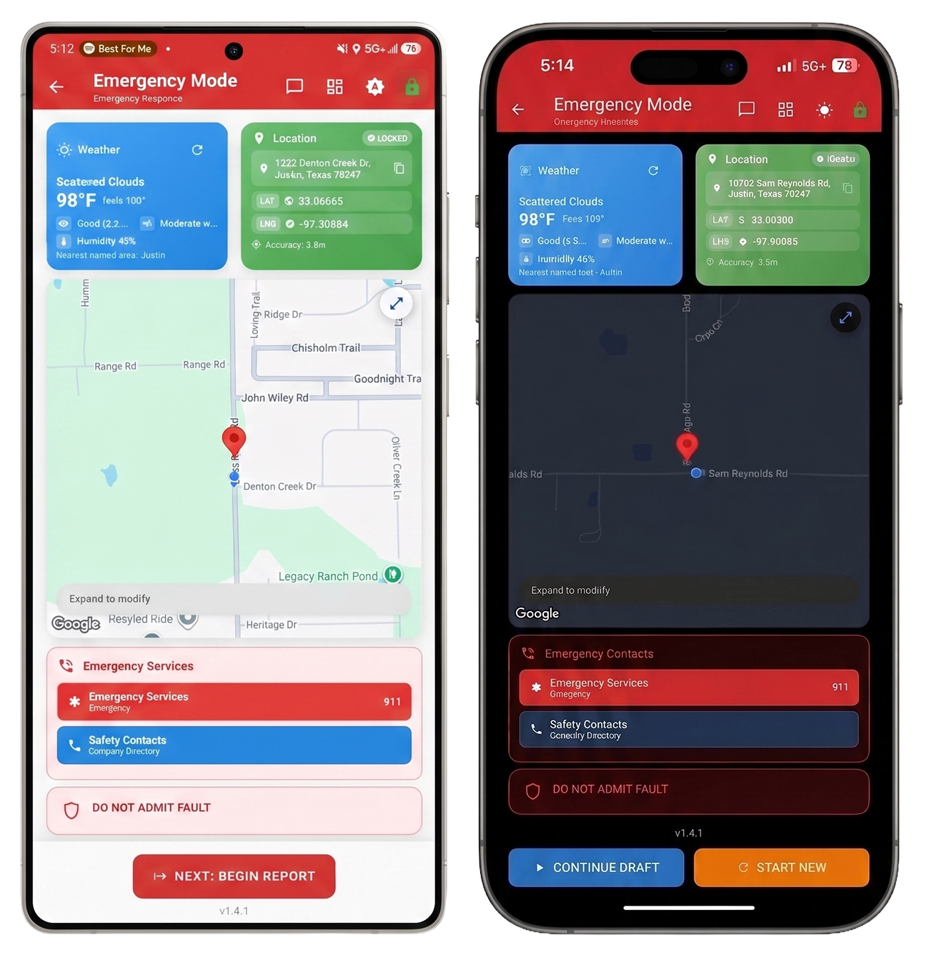 CrashTrak Emergency Mode on Android and iPhone: live weather, locked GPS location, map context, emergency contacts, and report actions