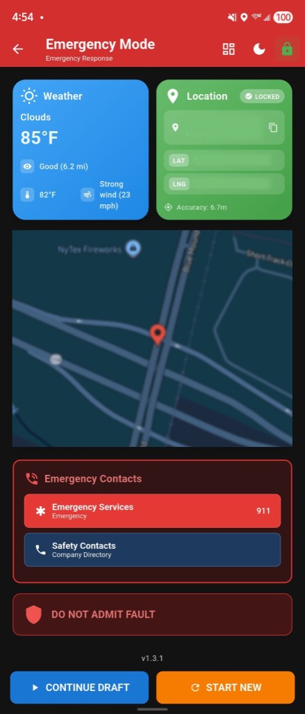 CrashTrak Emergency Mode on a phone: weather, locked location fields, map, emergency contacts, and report actions